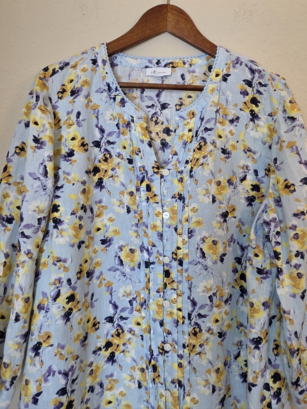 J. Jill Love Linen Tunic Top Light Blue Yellow Floral Button Down Peasant Blouse - Picture 5 of 7